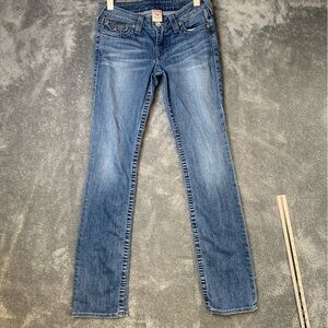 True Religion Straight Leg Low Rise Y2K Medium Wash Pink Rhinestone Buttons S 27